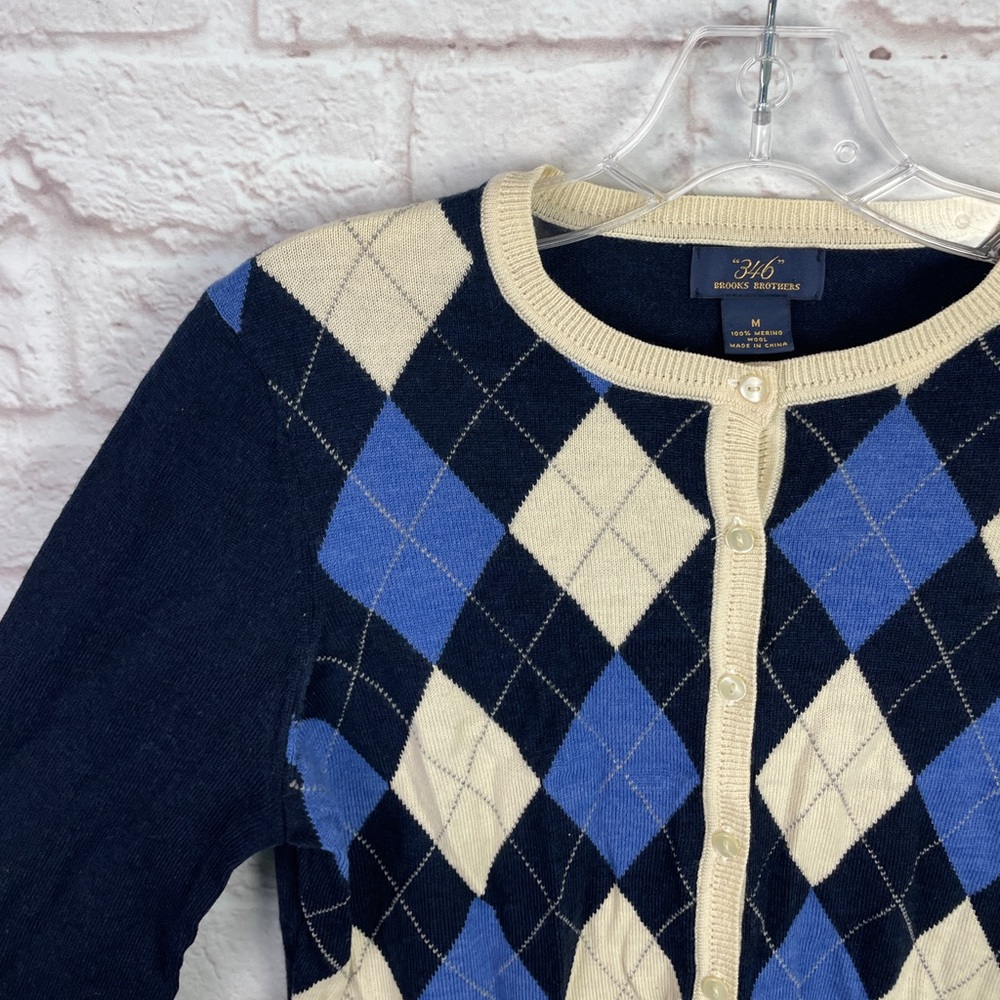 Brooks Brothers 100% Merino Wool Blue Argyle Cardigan Size M! - Picture 5 of 5